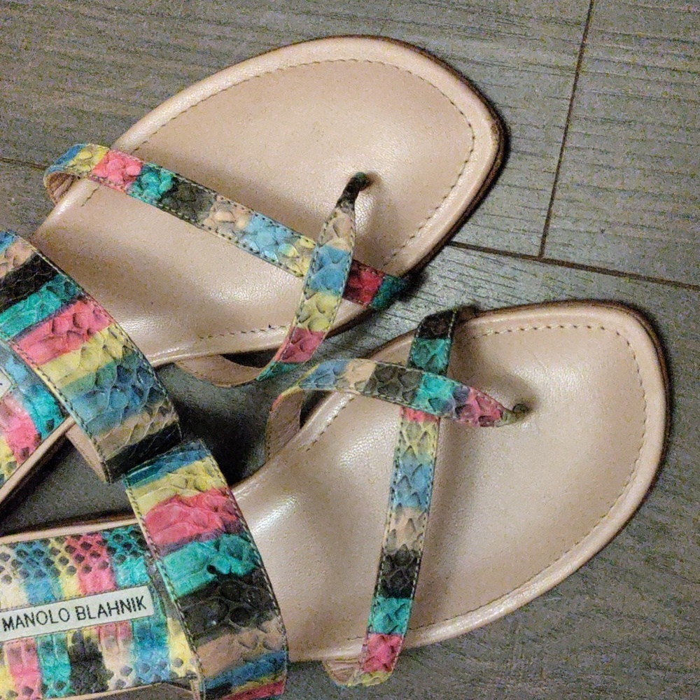 Manolo Blahnik Multicolor Python Criss Cross Sand… - image 4